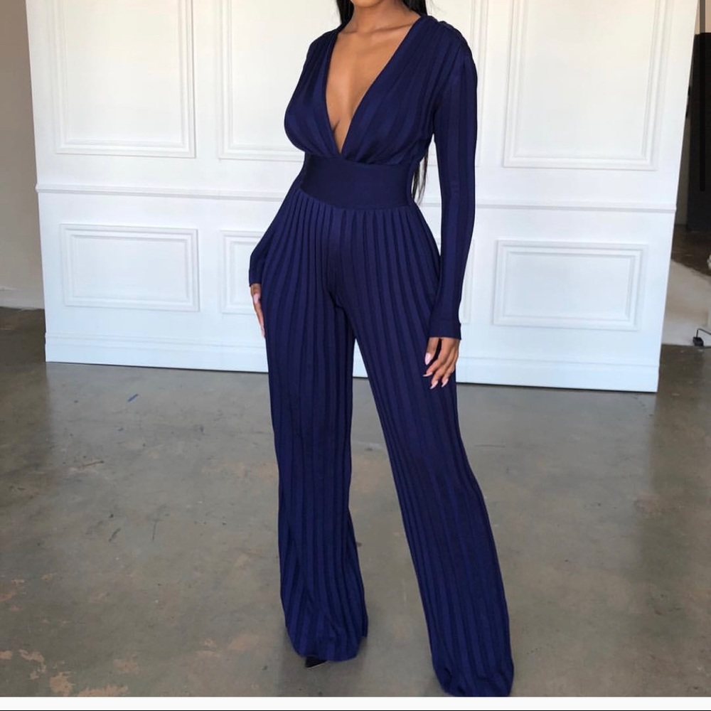 House of CB London Lobg Sleeve ribbed pants jumpsuit navy blue deep V neck